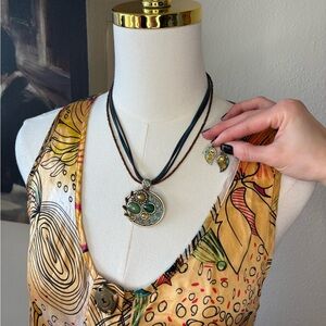 Beautiful Vintage Amber & Green Bronze Necklace & Earring Set